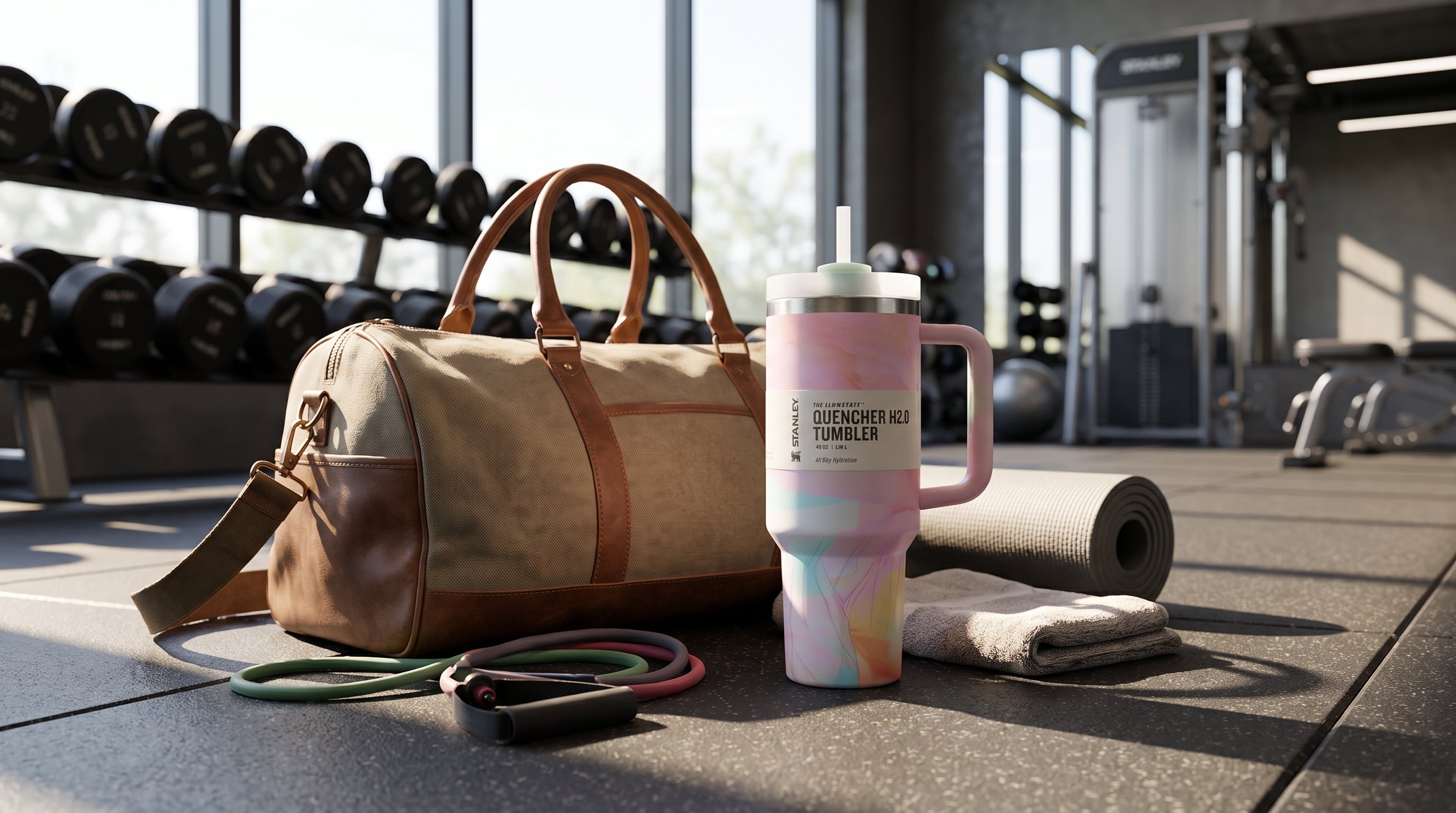 Stanley 40oz insulated tumbler for gym and workouts.
A beige canvas duffel bag with brown leather handles sits on a gym floor next to a pastel tie-dye handled travel mug, a rolled yoga mat, a towel, and a jump rope. The gym is blurred in the background with weight racks and equipment visible.