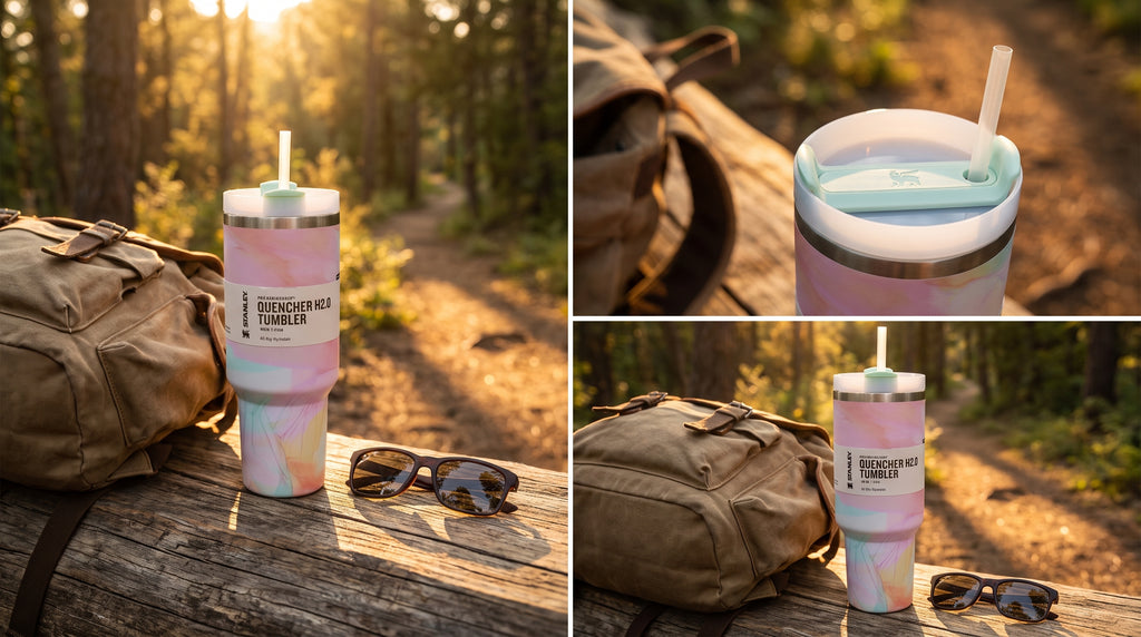 A tall insulated tumbler with a pastel marbled pink, lavender, and peach gradient finish, shown in a forest outdoor setting next to a tan backpack and sunglasses. The tumbler has a white lid with a mint straw and visible text reading 'STANLEY TUMBLER'.