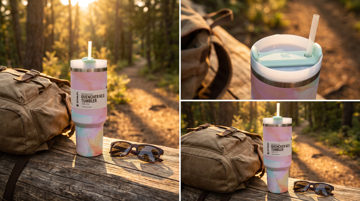 A tall insulated tumbler with a pastel marbled pink, lavender, and peach gradient finish, shown in a forest outdoor setting next to a tan backpack and sunglasses. The tumbler has a white lid with a mint straw and visible text reading 'STANLEY TUMBLER'.